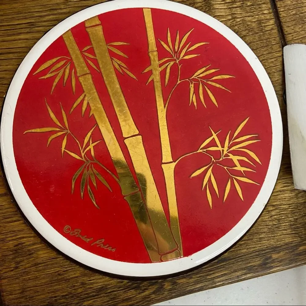 Fred Press | MCM Red & Gold Bamboo Ceramic Inlay Cheese Board Serving Tray